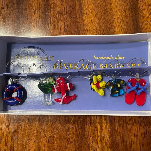 Caribbean Island Crusie Other - 6 CARIBBEAN ISLAND CRUISE HANDMADE GLASS BEVERAGE WINE MARKERS BARWARE NAUTICAL!